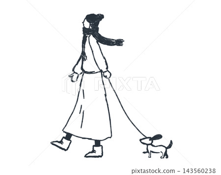 一個女人遛狗的線條畫插圖 一個女人遛狗的線條畫插圖 143560238