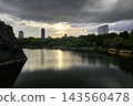 Sunset Reflection Over Osaka Castle Moat and Stone Wall with City Skyline in Japan. 143560478