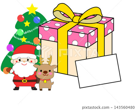 Christmas message card featuring Santa and reindeer, a Christmas tree, and a large gift. Christmas message card featuring Santa and reindeer, a Christmas tree, and a large gift. 143560480