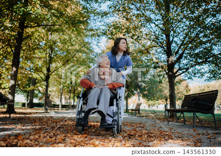 Old woman in wheelchair on walk in the park during warm autumn day. Old woman in wheelchair on walk in the park during warm autumn day. 143561330
