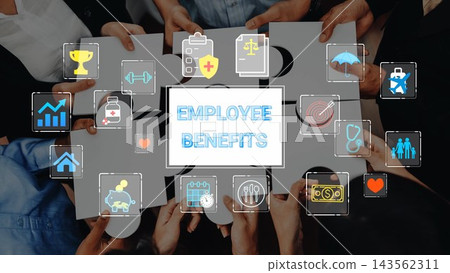 Hands Holding Puzzle Pieces with Icons Representing Employee Benefits for Corporate Wellness and Job Satisfaction in a Modern Workplace. Entropy Hands Holding Puzzle Pieces with Icons Representing Employee Benefits for Corporate Wellness and Job Satisfaction in a Modern Workplace. Entropy 143562311