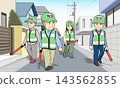 Crime prevention volunteers conducting foot patrols (with colored background) - outlined. 143562855