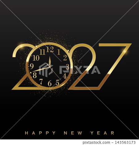 Golden 2027 Happy New Year with Clock Showing Midnight Countdown on Black, Vector Golden 2027 Happy New Year with Clock Showing Midnight Countdown on Black, Vector 143563173