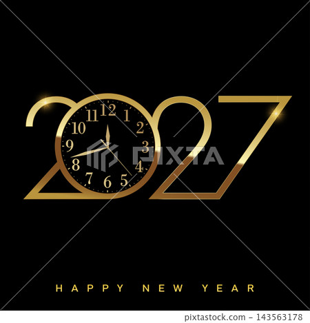 Golden 2027 Happy New Year with Clock Showing Midnight Countdown on Black, Vector Golden 2027 Happy New Year with Clock Showing Midnight Countdown on Black, Vector 143563178