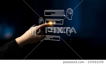 Human Hand Interacting with Digital Communication Icons Representing Ideas, Thoughts, and Dialogue in Modern Technology Interface. Entropy Human Hand Interacting with Digital Communication Icons Representing Ideas, Thoughts, and Dialogue in Modern Technology Interface. Entropy 143563249