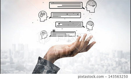 Abstract representation of communication and brainstorming concept with hands and digital speech bubbles against urban skyline background. Entropy Abstract representation of communication and brainstorming concept with hands and digital speech bubbles against urban skyline background. Entropy 143563250