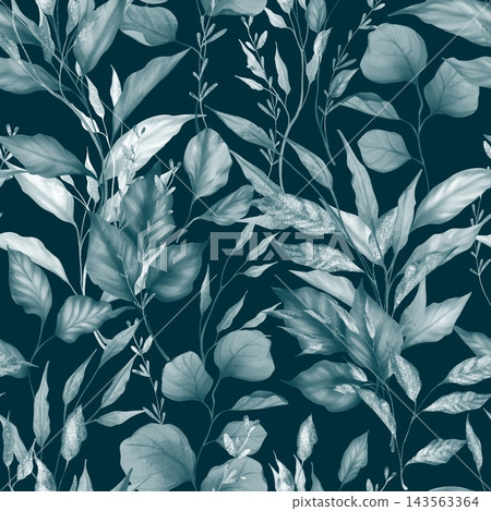 Elegant botanical pattern featuring layered blue gray leaves and delicate branches against a deep teal background. Detailed foliage and subtle tonal shading create a moody, sophisticated look for Elegant botanical pattern featuring layered blue gray leaves and delicate branches against a deep teal background. Detailed foliage and subtle tonal shading create a moody, sophisticated look for 143563364