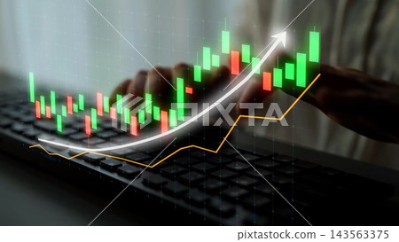 Hands Typing on Keyboard with Stock Market Chart Overlaid, Financial Analysis Concept with Rising Graph and Indicators for Business Growth Copula Hands Typing on Keyboard with Stock Market Chart Overlaid, Financial Analysis Concept with Rising Graph and Indicators for Business Growth Copula 143563375