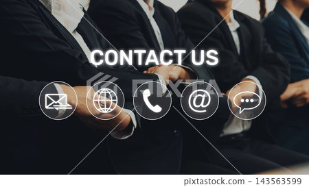 Professional Business Communication Concept Featuring Contact Icons with Diverse Professionals in Suits Taking Action Towards Client Engagement. Raster Professional Business Communication Concept Featuring Contact Icons with Diverse Professionals in Suits Taking Action Towards Client Engagement. Raster 143563599