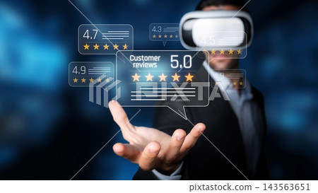 Virtual Reality Experience with Customer Reviews and Ratings Displayed in Hands of Business Professional with Digital Background. Raster Virtual Reality Experience with Customer Reviews and Ratings Displayed in Hands of Business Professional with Digital Background. Raster 143563651