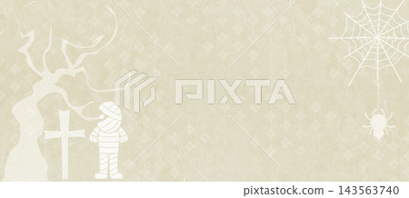 淺色日式紙張背景，上面描繪著蜘蛛和木乃伊。 143563740