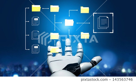 Futuristic robotic hand interacting with data storage and digital files, symbolizing advanced technology and automation in information management systems Gluon 143563746