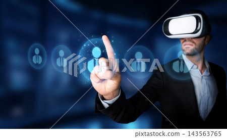 Man in Business Suit Using Virtual Reality Headset to Interact with Digital User Icons in a Futuristic Workspace Environment. Raster Man in Business Suit Using Virtual Reality Headset to Interact with Digital User Icons in a Futuristic Workspace Environment. Raster 143563765