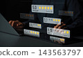 Interactive display of customer ratings and feedback with star ratings and scores on a digital interface seen from the perspective of a user in a dark environment Gluon 143563797