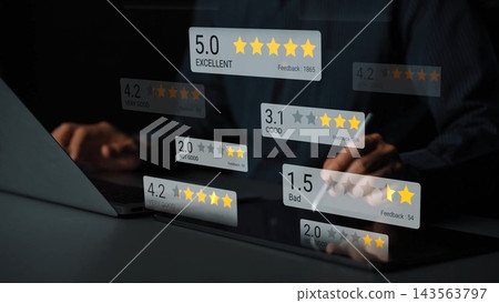 Interactive display of customer ratings and feedback with star ratings and scores on a digital interface seen from the perspective of a user in a dark environment Gluon Interactive display of customer ratings and feedback with star ratings and scores on a digital interface seen from the perspective of a user in a dark environment Gluon 143563797