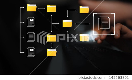 Abstract representation of digital file organization and data management with folders, documents, and hands typing on a keyboard in a modern workspace Gluon 143563801