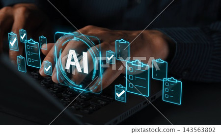 Hands typing on a laptop with glowing AI symbol and digital checklists, representing artificial intelligence technology and data management concepts. Entropy 143563802
