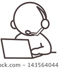 A stick figure wearing a headset and sitting in front of a computer. 143564044
