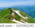 A view of the snow-covered ridge trail and Mt. Makihatayama from Mt. Mogura, along the Tanigawadake Horseshoe Traverse in Minakami Town, Gunma Prefecture. 143565245