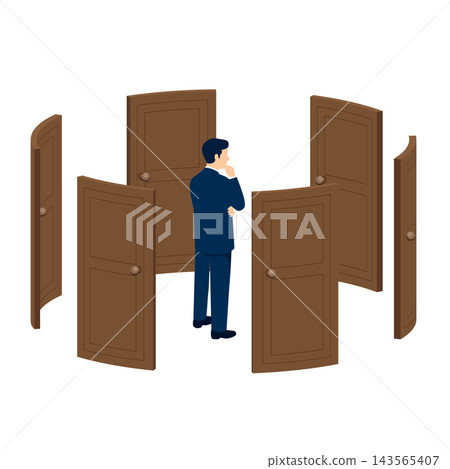 A businessman considering options in front of multiple doors: a business illustration depicting decision-making and career choices. A businessman considering options in front of multiple doors: a business illustration depicting decision-making and career choices. 143565407