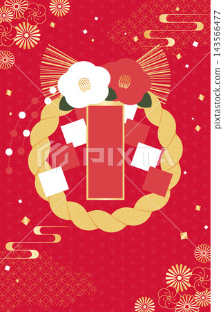 New Year's card background illustration material featuring red and white camellia flowers and Shimenawa decorations. New Year's card background illustration material featuring red and white camellia flowers and Shimenawa decorations. 143566477