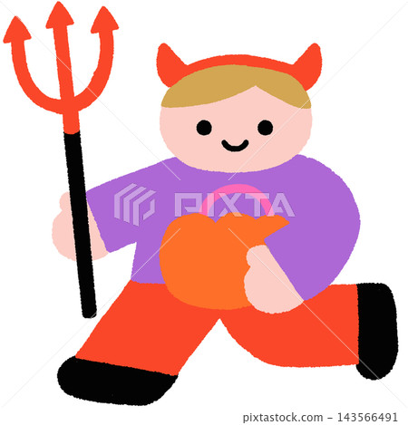 一幅插圖,描繪了一個裝扮成小惡魔的孩子在萬聖節挨家挨戶要糖的情景。 一幅插圖,描繪了一個裝扮成小惡魔的孩子在萬聖節挨家挨戶要糖的情景。 143566491