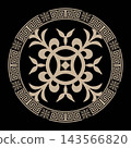 Greek gold round ornament on black background. Greek meander. Patterns of Greece and ancient Rome. Circle european border. Round antique border from Greek. Typical egyptian, assyrian, greek motive 143566820
