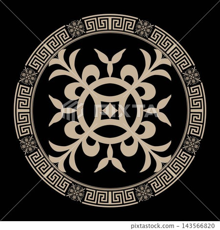 Greek gold round ornament on black background. Greek meander. Patterns of Greece and ancient Rome. Circle european border. Round antique border from Greek. Typical egyptian, assyrian, greek motive 143566820