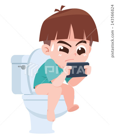 Child Using Smartphone While Sitting on Toilet Cartoon Illustration Child Using Smartphone While Sitting on Toilet Cartoon Illustration 143566824
