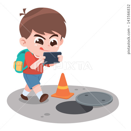 Child Using Smartphone While Walking Without Looking Cartoon Illustration 143566832
