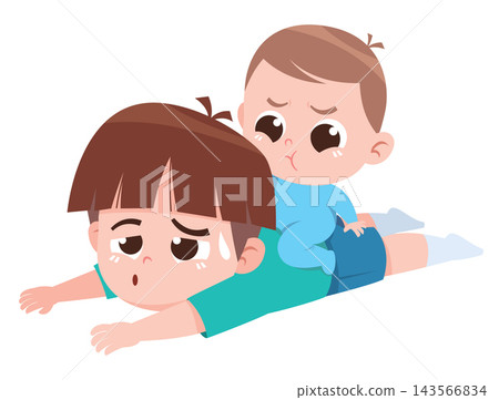 Tired Older Brother Playing With Baby Sibling Cartoon Illustration Tired Older Brother Playing With Baby Sibling Cartoon Illustration 143566834