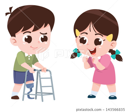 Children Encouraging Friend During Physical Rehabilitation Cartoon Illustration Children Encouraging Friend During Physical Rehabilitation Cartoon Illustration 143566835