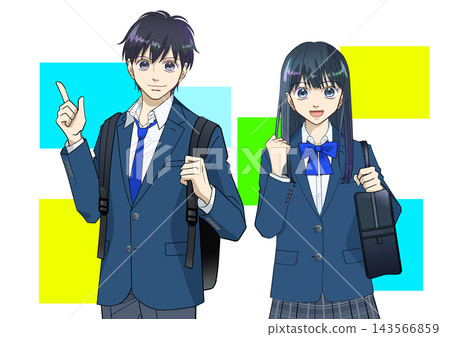 Anime-style illustrations of high school or middle school boys and girls, with colorful backgrounds and white backgrounds. 143566859