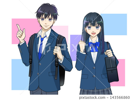 Anime-style illustrations of high school or middle school boys and girls, with colorful backgrounds and white backgrounds. 143566860