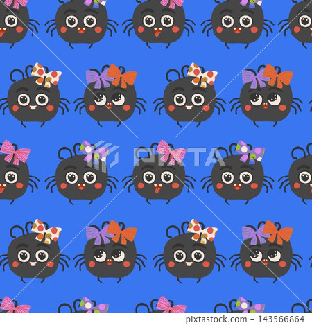 Cute Halloween spider seamless pattern with colorful bows on blue background vector Cute Halloween spider seamless pattern with colorful bows on blue background vector 143566864