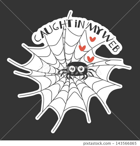 Cute Halloween spider on web with caught in my web lettering vector sticker design Cute Halloween spider on web with caught in my web lettering vector sticker design 143566865