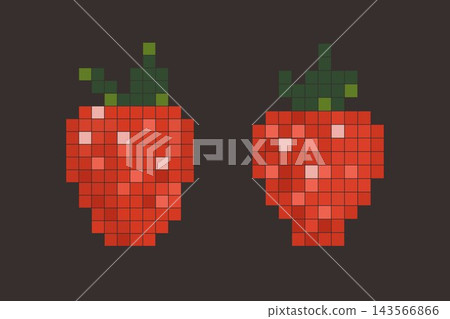 Pixel strawberry set with red berries on dark brown background in retro vector style Pixel strawberry set with red berries on dark brown background in retro vector style 143566866