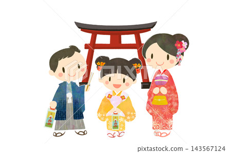 一幅描繪三個孩子慶祝七五三節和鳥居的插圖。 一幅描繪三個孩子慶祝七五三節和鳥居的插圖。 143567124