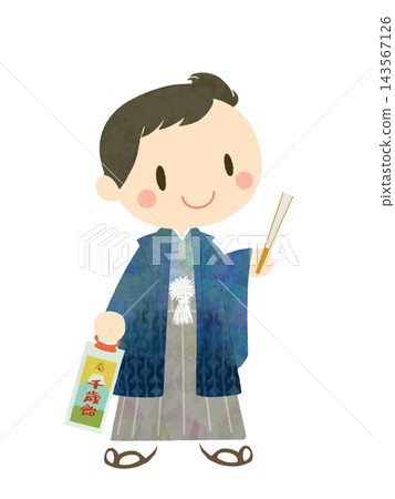 插圖描繪了一位 5 歲男孩身穿正式和服和袴，參加七五三禮（日本兒童的傳統成年禮）。 143567126