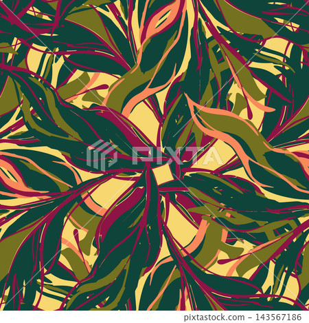 Dense abstract botanical composition features layered tropical leaves in vivid painterly shapes, high contrast colors, and repeating style for wallpaper, textile, wrapping, branding, and decor use. Dense abstract botanical composition features layered tropical leaves in vivid painterly shapes, high contrast colors, and repeating style for wallpaper, textile, wrapping, branding, and decor use. 143567186