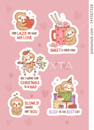 Cute Kawaii Holiday Sloth Sticker Planner Sheet. Set of Seasonal Animal Characters with Heart, Christmas Santa Hat, Birthday Gifts, Hot Cocoa and Marshmallow with Quotes. Isolated Vector Illustration. Cute Kawaii Holiday Sloth Sticker Planner Sheet. Set of Seasonal Animal Characters with Heart, Christmas Santa Hat, Birthday Gifts, Hot Cocoa and Marshmallow with Quotes. Isolated Vector Illustration. 143567326