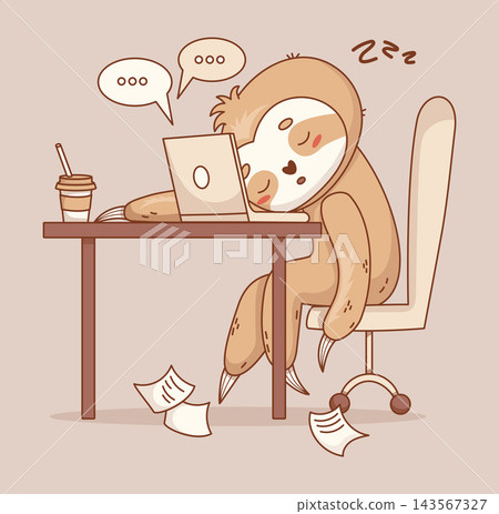 Sloth Freelance Sleeping And Snoring on Laptop Remote Work. Vector Illustration. Cute Kawaii Exhausted Tired Business Animal Character Sitting at Office Desk with Coffee and Papers. Workplace Concept. Sloth Freelance Sleeping And Snoring on Laptop Remote Work. Vector Illustration. Cute Kawaii Exhausted Tired Business Animal Character Sitting at Office Desk with Coffee and Papers. Workplace Concept. 143567327