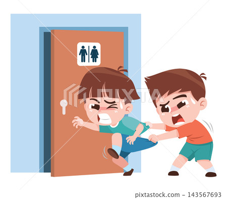 Children Fighting to Use Bathroom Cartoon Illustration Children Fighting to Use Bathroom Cartoon Illustration 143567693