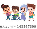 Diverse School Children Including Disabled Student Walking Together Cartoon Illustration 143567699