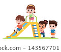 Children Waiting Their Turn to Play on Playground Slide Cartoon Illustration 143567701
