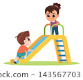 Children Using Playground Slide Incorrectly Cartoon Safety Illustration 143567703