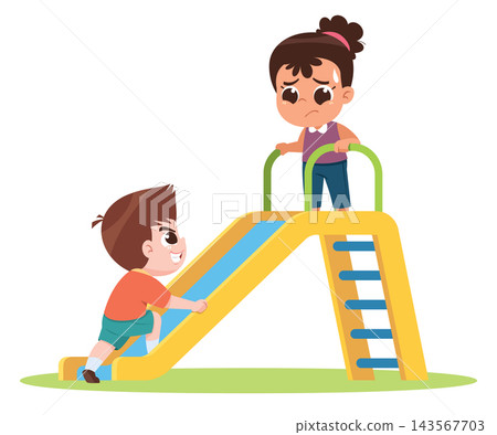 Children Using Playground Slide Incorrectly Cartoon Safety Illustration Children Using Playground Slide Incorrectly Cartoon Safety Illustration 143567703