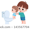 Older Brother Helping Toddler Pee in Toilet Cartoon Illustration 143567704