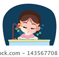 Sleepy Child Reading Book at Night Cartoon Illustration 143567708