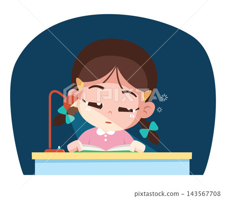 Sleepy Child Reading Book at Night Cartoon Illustration Sleepy Child Reading Book at Night Cartoon Illustration 143567708
